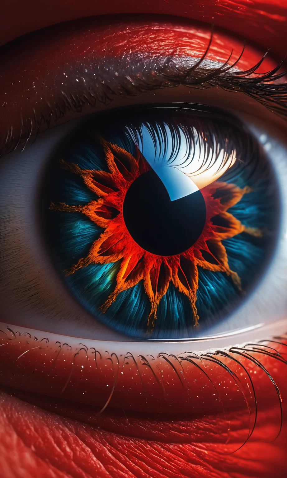 A macroscopic photo of a red human eye. 8k resolution, 4k image. HDR highly detailed. vivid. UHD, amazing depth, glowing rich colors, powerful imagery. Art by John Collier and Albert Aublet and Krenz Cushartore and Artem Demura and Alphonse Mucha <lora:Details:0.85>