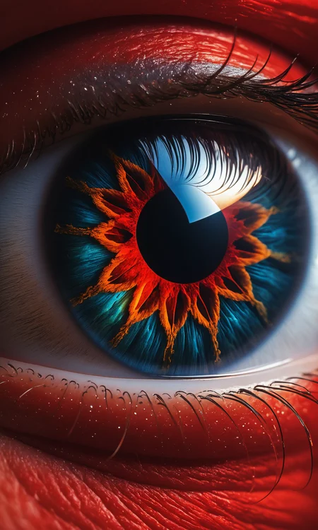 A macroscopic photo of a red human eye. 8k resolution, 4k image. HDR highly detailed. vivid. UHD, amazing depth, glowing rich colors, powerful imagery. Art by John Collier and Albert Aublet and Krenz Cushartore and Artem Demura and Alphonse Mucha <lora:Details:0.85>