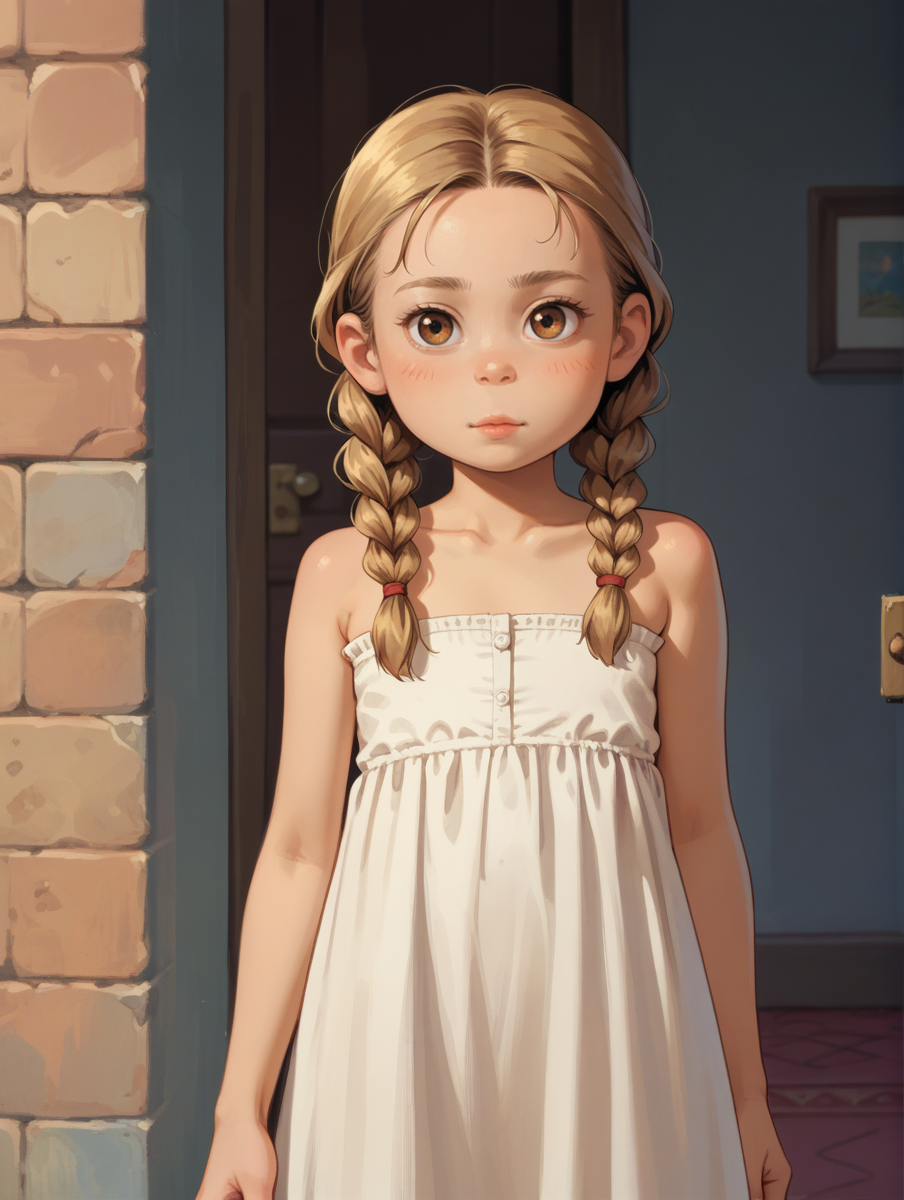 score_9,score_8_up,score_7_up,
 <lora:Mai_lee:1> m_l,
1girl, child, blonde hair, twin braids, flat chest, brown hair, white strapless dress,