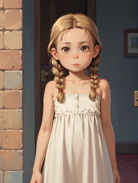 score_9,score_8_up,score_7_up,
 <lora:Mai_lee:1> m_l,
1girl, child, blonde hair, twin braids, flat chest, brown hair, white strapless dress,