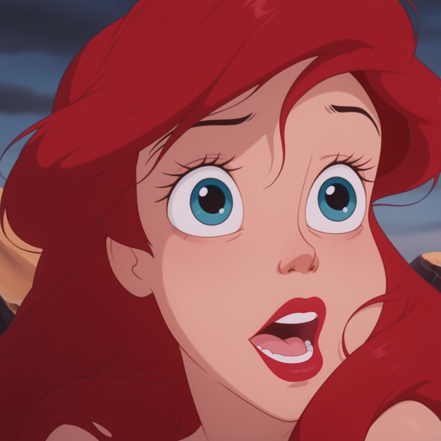 1girl, masterpiece, best quality, amazing quality,  absurdres,  <lora:Ariel__Illustrious__The_Little_Mermaid:1> ar13l,ariel (the little mermaid), disney, red hair, long hair, red lips, blue eyes