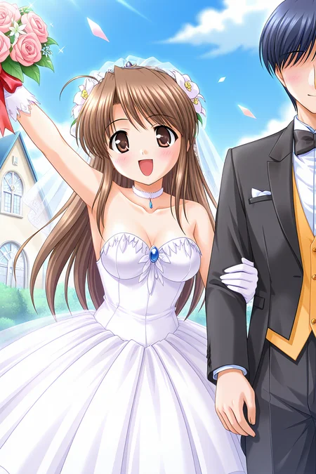 masterpiece, best quality, absurdres, official art, official style, rating general BREAK <lora:fujiedahonami_IL_v1-5:0.7>, fujieda honami, 1girl, solo, brown eyes, yellow eyes, brown hair, grey hair, ahoge, bangs, very long hair, half updo, medium breasts BREAK wedding, bride, bridal veil, hair flower, wedding dress, white gloves, pelvic curtain, blush, smile, happy, open mouth, floating hair, throwing, bouquet toss, arm hug, solo focus, couple, 1boy, hetero, formal, tuxedo, suit, groom, blue hair, bowtie, choker, church, out of frame, faceless male, from above, hand up, arm above head