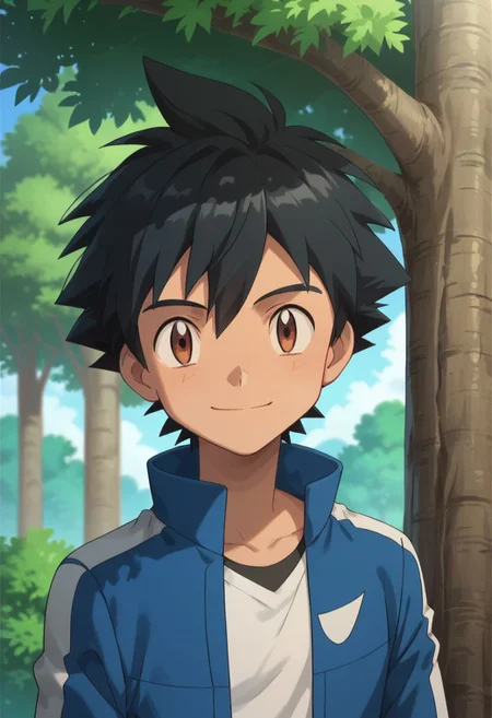 score_9, score_8_up, score_7_up, source_anime, highly detailed, 1boy, solo, male_focus, slender, skinny, cute,
1boy, male focus,solo, brown eyes, smile, jacket, outdoors, closed mouth, blue jacket, day, shirt, black hair, tree, bangs,
simple background,