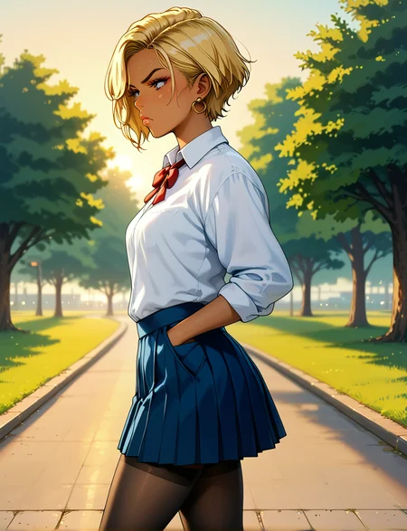 score_9, score_8_up, score_7_up, solo, from side,
1girl, gyaru, kogal, neck ribbon, miniskirt, dark skin, tomboy, pleated skirt, black legwear, leggings, blonde, pout, pouty lips, white leg warmers, narrowed eyes, walking, slouching,
evening, sunset, park, hands in pockets,
d3t41l3d, halfone effect, retro artstyle, gh1bl1,
<lora:d3t41l3dXLP:0.6>, <lora:gh1bl1XLP:0.8>