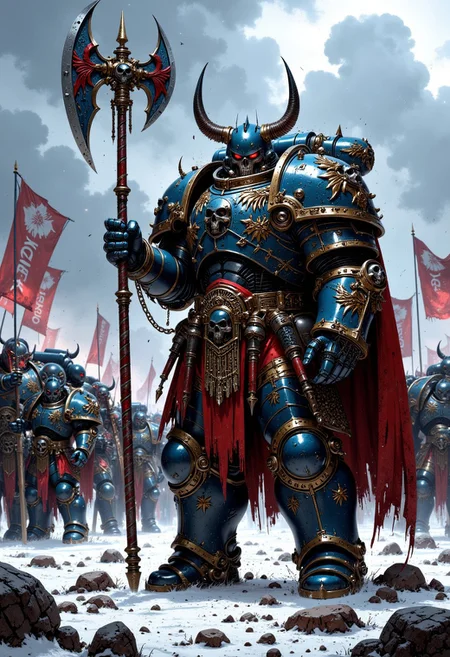 viking warrior wearing NightL40K power armor, and holding an axe, intense battlegrounds in snowy conditions, army banners, swords and shields on the ground