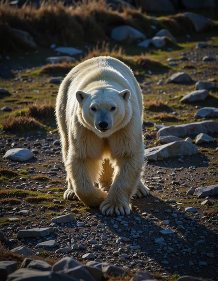 By Maria Isabel Ruiz. A photo-realistic shoot from the side about a polar bear walking on a rocky terrain during sunset. the image also shows the bear's silhouette in the middle of the frame. on the left of the image, a male polar bear appears to be walking with a serious expression. the bear is standing still, with its full body visible. the background is a rocky landscape with patches of grass and small rocks. the lighting is dramatic, casting shadows on the bear and the surrounding area.