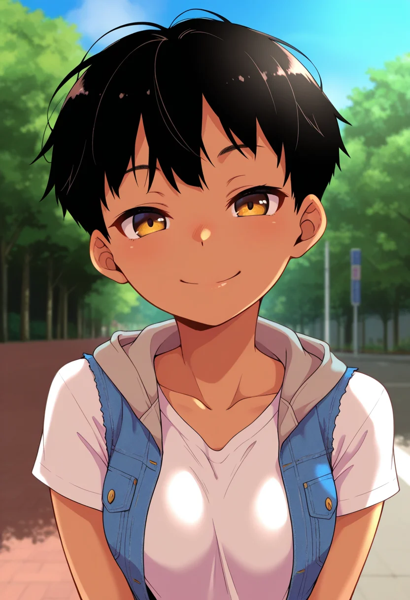 masterpiece, best quality, amazing quality, absurdres, 1girl, solo, (portrait:1.2), yukiww, tomboy, dark skin, dark-skinned female, tan, short hair, very short hair, small breasts, denim vest, hood, t-shirt, looking at viewer, smile, outdoors, day, skindentation, detailed clothing folds, depth of field, sharp, high contrast, dynamic light <lora:Nitta_Yuki_Nitta_bravery_ill:0.9>