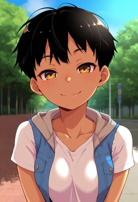 masterpiece, best quality, amazing quality, absurdres, 1girl, solo, (portrait:1.2), yukiww, tomboy, dark skin, dark-skinned female, tan, short hair, very short hair, small breasts, denim vest, hood, t-shirt, looking at viewer, smile, outdoors, day, skindentation, detailed clothing folds, depth of field, sharp, high contrast, dynamic light <lora:Nitta_Yuki_Nitta_bravery_ill:0.9>
