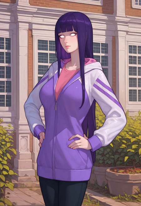 Score_9_up, score_8_up, score_7_up, solo, 1girl, hinnsn, purple hair, long hair, white eyes, jacket, pants, hood, hands on hip, Expressiveh