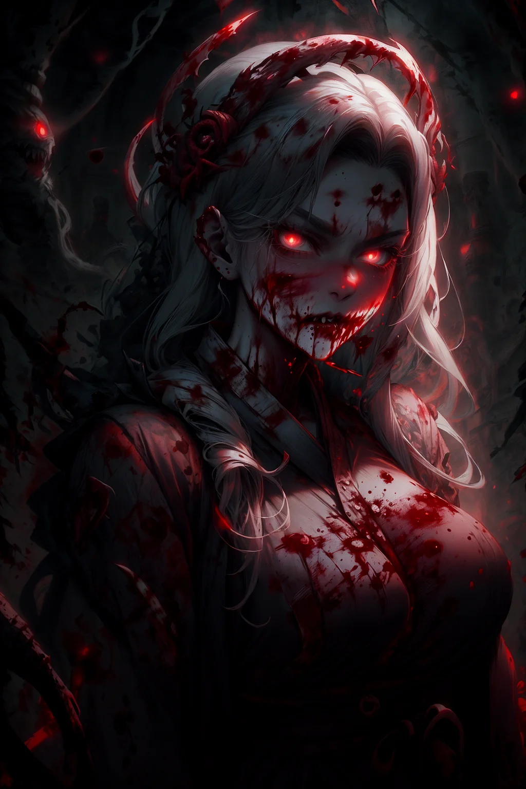haunting spirit mistress, long white hair flowing, glowing red eyes, ethereal robe, surrounded by ghostly apparitions, dark eerie background, highly detailed kimono, intricate patterns, supernatural atmosphere, cinematic lighting, high detail, ultra high-definition, photorealistic, extremely detailed, masterpiece, volumetric lighting, haunting mood, dark fantasy, dynamic composition
 <lora:add_detail:0.5>,   <lora:breastsizeslideroffset:0.5>  <lora:backlight_slider_v10:-1> <lora:G_G2.0:1> Goth girl, Goth girl 1girl <lora:CarnageStyle:1> CarnageStyle, (blood_red:1.5)