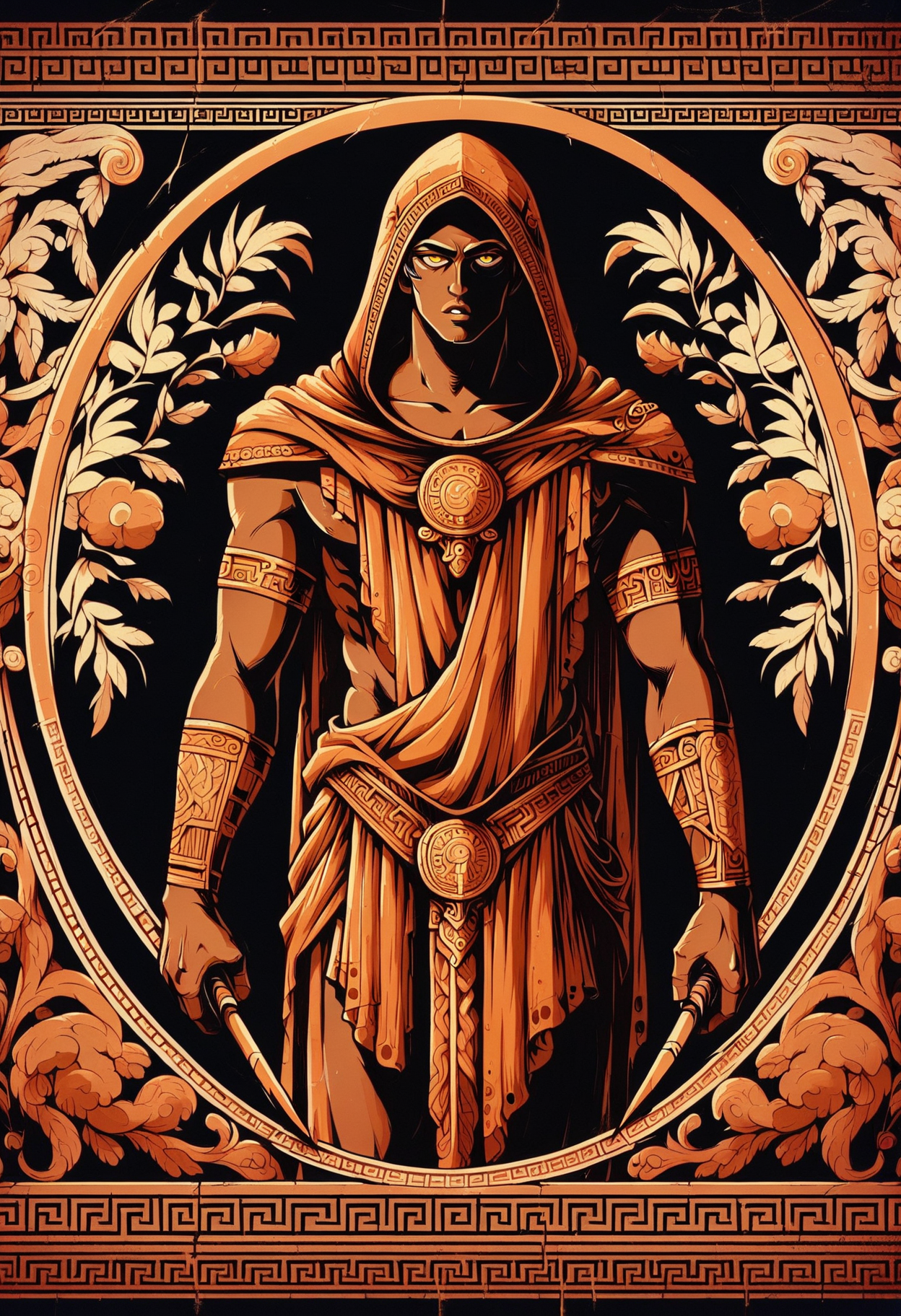 score_9, score_8_up,score_7_up, <lora:grkpttry_EliPot:1>, limited palette, orange theme, black background
,thanatos \(hades\),hood up,toga,weapon,parted bangs,white hair,hades \(series\),dark-skinned male,hood,parted lips,chiton,hades 1,cowboy shot,black background,highres,1boy,weapon on back,denaseey,solo,scythe,dark skin,male focus,yellow eyes,ancient greek clothes