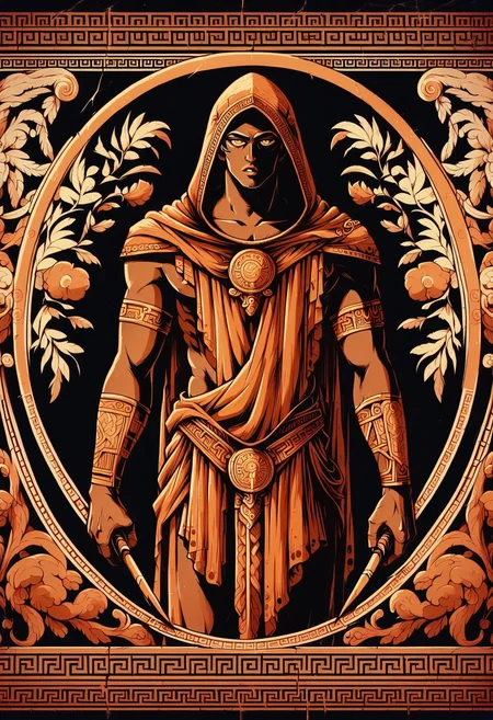 score_9, score_8_up,score_7_up, <lora:grkpttry_EliPot:1>, limited palette, orange theme, black background
,thanatos \(hades\),hood up,toga,weapon,parted bangs,white hair,hades \(series\),dark-skinned male,hood,parted lips,chiton,hades 1,cowboy shot,black background,highres,1boy,weapon on back,denaseey,solo,scythe,dark skin,male focus,yellow eyes,ancient greek clothes