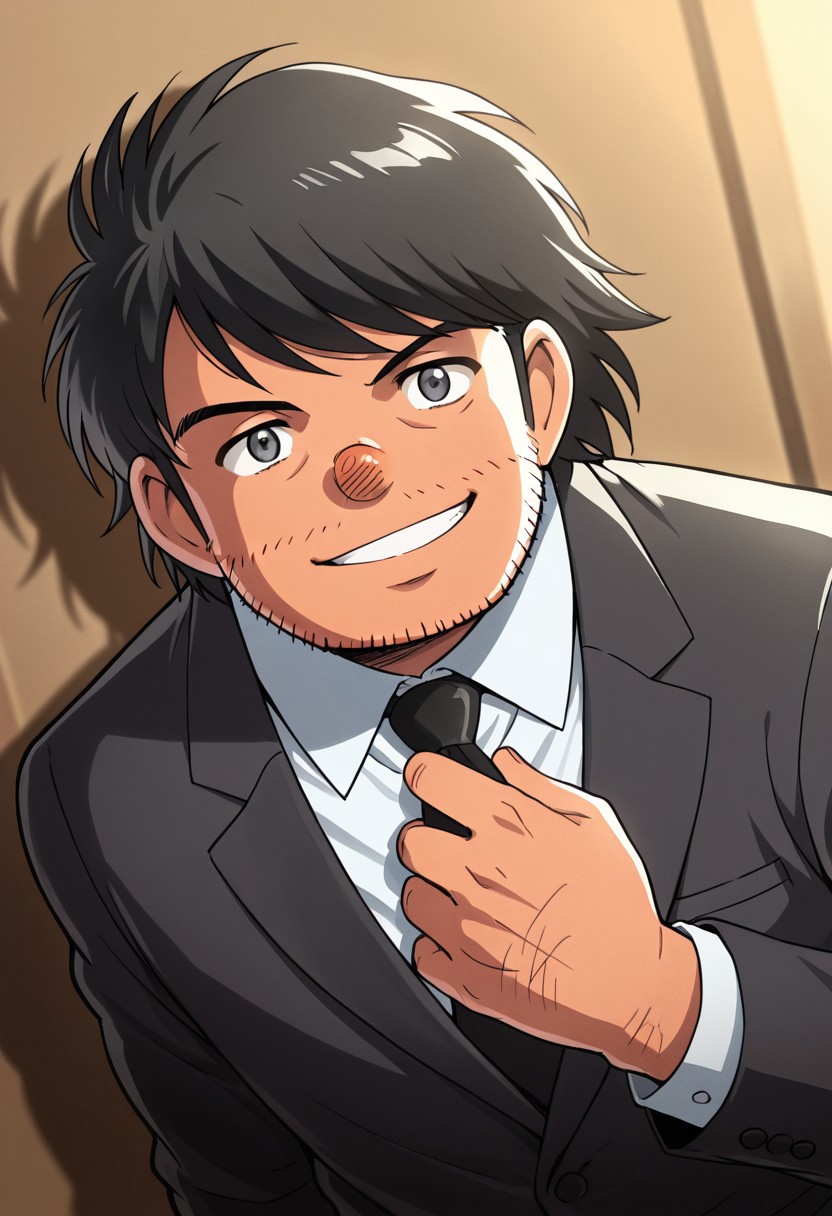 cover page, cover, foreshortening, expressive cute face, male focus, (( <lora:kira_kozo:1> , kira_kozo, piercing dark grey eyes, clear eyes, friendly eyes, wrinkle under eyes, short chubby body, slightly chubby face, fat but strong male, disgusting hairy male, round alcoholic nose, very lightly tanned skin, messy short black hair, messy short bangs, short stubble beard, creepy male, uncharismatic male, )) , 1man, looking at viewer, smiling, shiny skin, adjusting necktie, formal suit, simple plain brown background, shadow, dynamic angle, dynamic action, dutch angle, cinematic, intricately detailed illustration, depth of field, masterpiece, best quality, amazing quality, very aesthetic, absurdres, newest, very awa