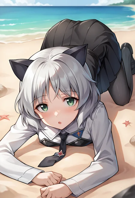 score_9, score_8_up, score_7_up, source_anime, masterpiece, 1girl, ctiansanya, uniform, necktie, strapless vest, long sleeves, black skirt, black pantyhose, beach, outdoors, sunny, ocean, scenery, depth of field, looking at viewer, (lying), on sand, chestnut mouth, close-up, cat ears, on stomach, <lora:Sanya_updated_ver2_ct:1>