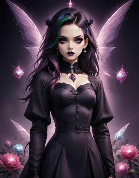 A professional photography of a goth geisha with whimsical elements, surrounded by an magical and eerie fairytale landscape with sparkling crystals and colorful flowers, awesome appearence, fantastic cyberpunk art concept, intricate details, trending on artstation, masterpiece, 8k, gems and crystals, gothic