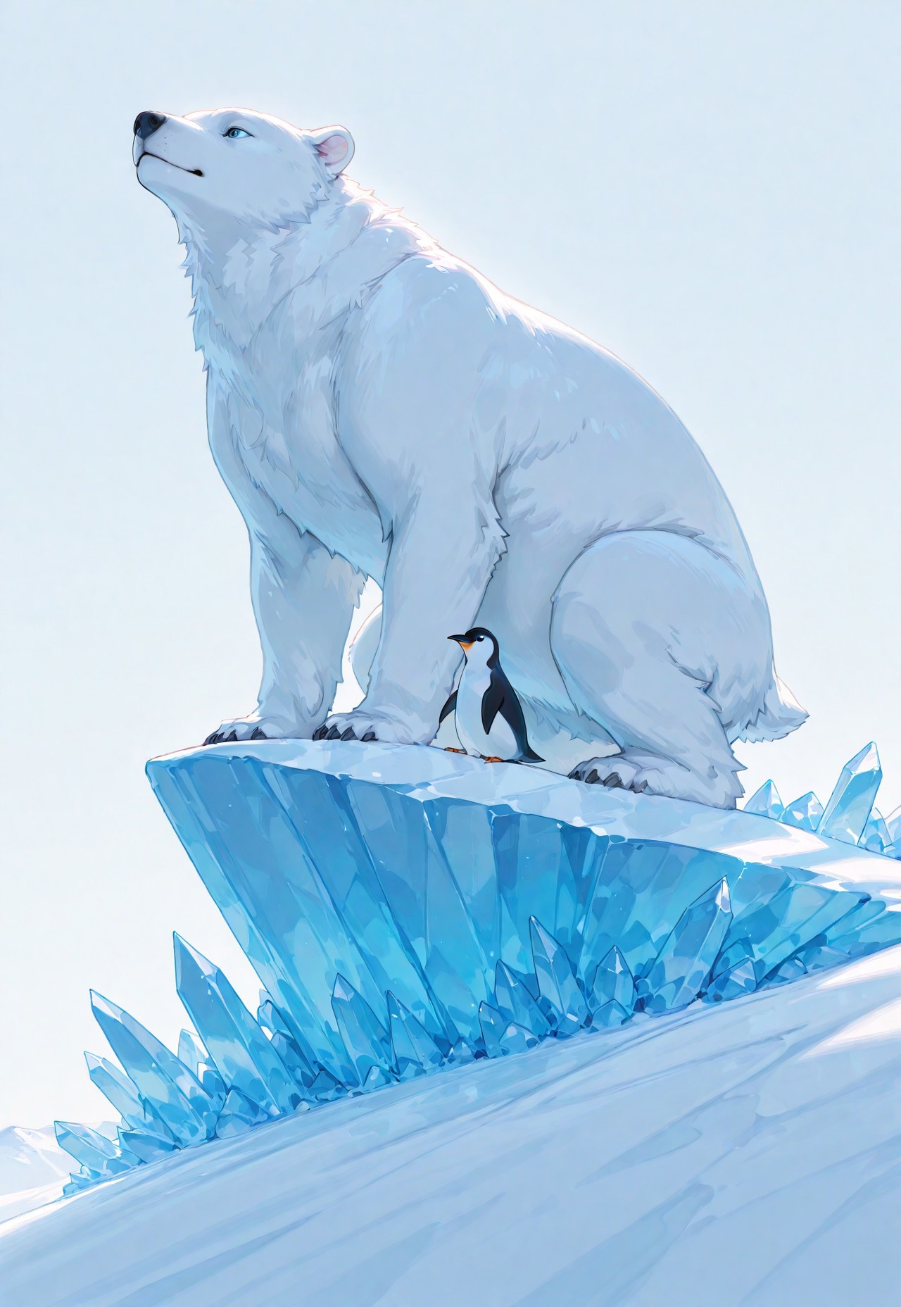 masterpiece, best quality, very aesthetic, absurdres, ambient light, soft light, artist:moriimee, incoth, (incase:0.6), SagawaStyle,
high brightness, a penguin riding on a giant polar bear, ice berg, white and blue background, cute Atmosphere, high detail, sharp shading, 
high detail, sharp shading, centered composition, soft shadows