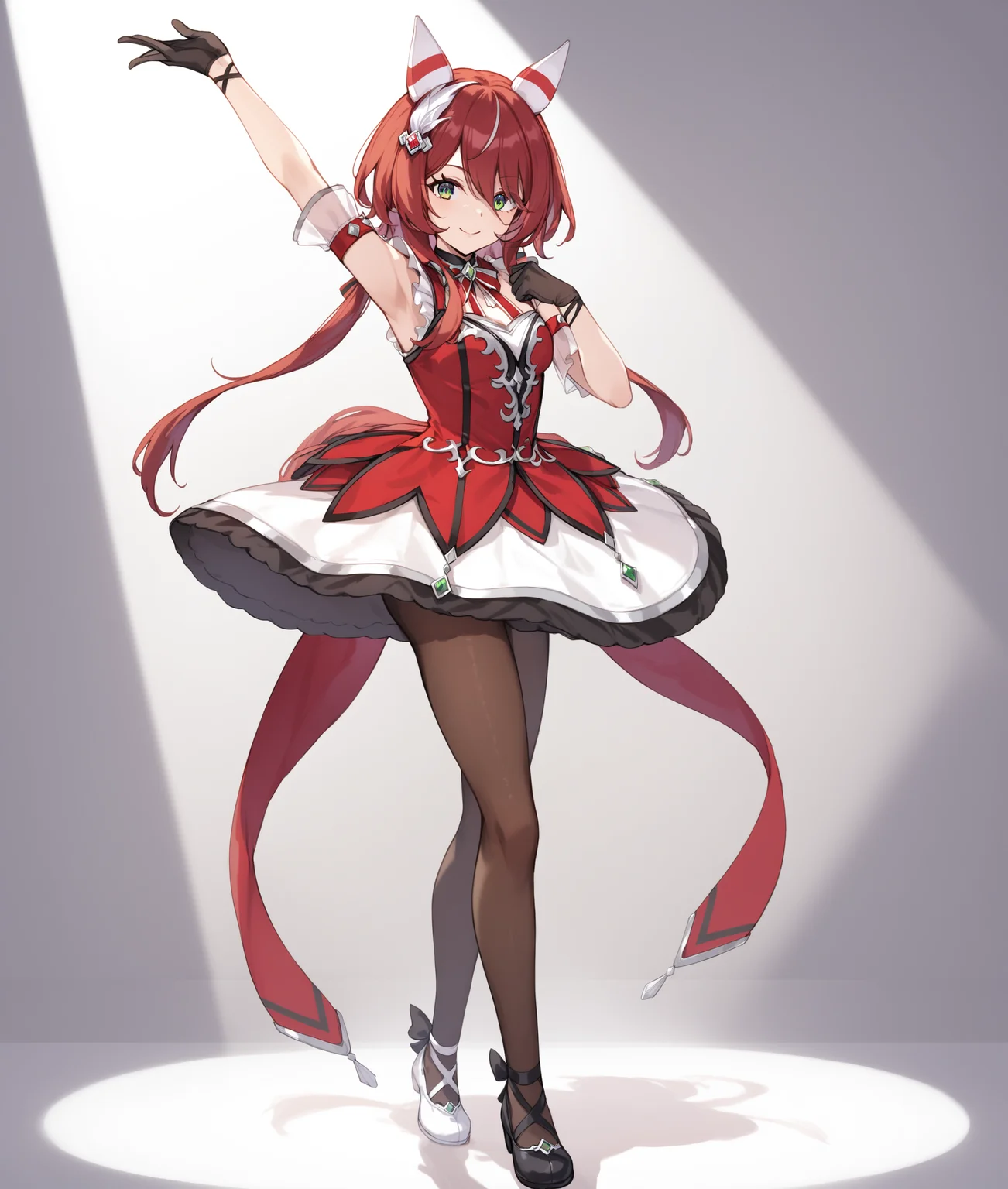 score_9, score_8_up, score_7_up BREAK
shobufuku, 1girl, solo, long hair, looking at viewer, smile, bangs, gloves, dress, animal ears, hair between eyes, bare shoulders, twintails, green eyes, tail, full body, pantyhose, red hair, black gloves, black pantyhose, red dress, brown gloves, dancing, red spotlight, black footwear, white footwear, mismatch footwear, dynamic pose,
<lora:Win Variation-ponyXL_V1:0.8>,
