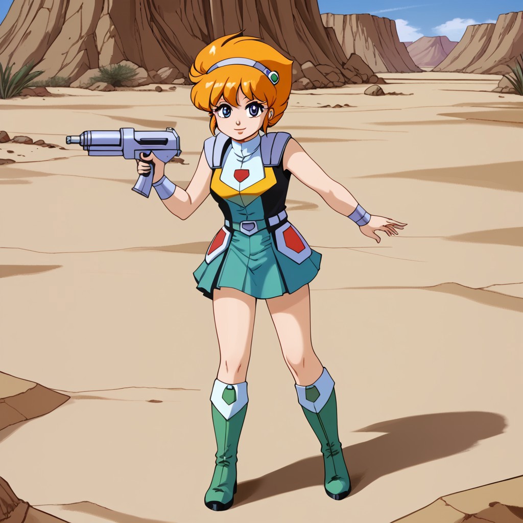 retro artstyle, 1980s (style), 1girl, solo, Kanata, blue eyes, orange hair, short hair, hairband, lips, lipstick, dress, sleeveless, turtleneck, belt, wristband, skirt, boots, knee boots, green footwear, weapon, gun, energy gun, science fiction, smile, full body, standing, desert, front view