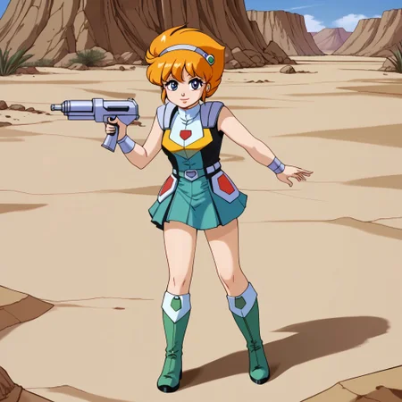 retro artstyle, 1980s (style), 1girl, solo, Kanata, blue eyes, orange hair, short hair, hairband, lips, lipstick, dress, sleeveless, turtleneck, belt, wristband, skirt, boots, knee boots, green footwear, weapon, gun, energy gun, science fiction, smile, full body, standing, desert, front view
