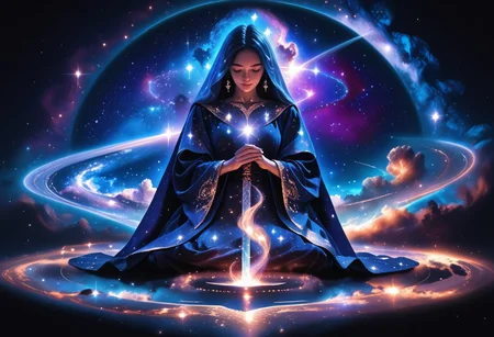 high quality, score_9, score_8_up, source_7_up, very aesthetic, high resolution, newest, depth of field, volumetric lighting, (masterpiece, best quality, ultra-detailed, High detailed), beautiful face, absurdres, masterpiece, best quality, amazing quality, masterpiece,best quality,amazing quality, 8k,
BREAK
girl, scyfi, galaxy, levitating, stardust, ethereal,
dark mage robe, flowing robes, glowing runes around person, book, hands around magic black hole, (black hole in hands), meditating position,
dark nebula, spectral, stars, galaxies, surreal, detailed, rich_color_palette, light_and_dark, cosmic, mystical, magical, enchanting, infinite, vast, celestial, otherworldly, fantastical,
full body,
dark background, night sky,
arcane, eerie, atmospheric, foreboding, dreamlike, void, space, nebula, stellar, galactic, astral, ethereal, cosmic, otherworldly, fantastical, galaxy