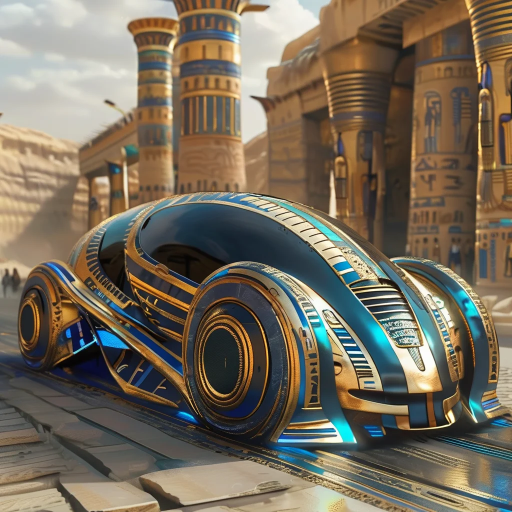 pharaotech futuristic car on the streets of ancient city<lora:pharaotech:1>