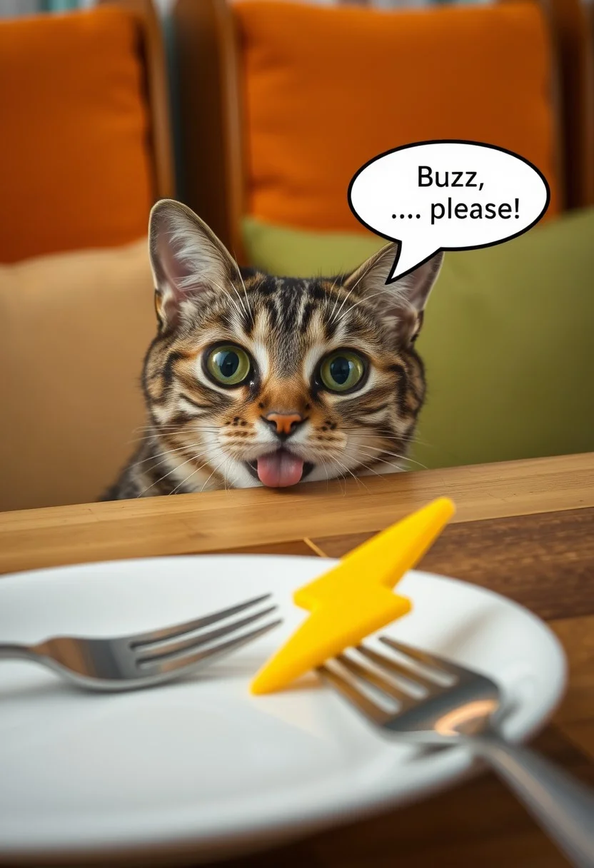 A curious tabby cat peeks over the edge of a wooden table, its head and upper body visible. The cat slipped its tongue. The cat has distinct stripes and large, expressive eyes. Text bubble above its head written " Buzz, please" In the foreground, a white plate with An object in the shape of yellow lightning icon and a fork are partially visible. The background features cushioned chairs in shades of orange and green, creating a cozy dining atmosphere.