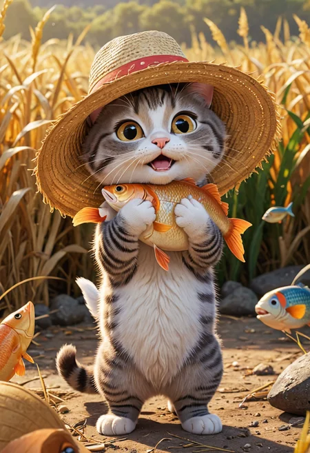 cartoon,disney pixar style,best quality,high res,RAW,<lora:add-detail-xl:0.8>,a cute cat hug a huge fish,straw_hat,earth,in filed,happy tears,excited,autumn,harvest,big fishes allover,golden theme,