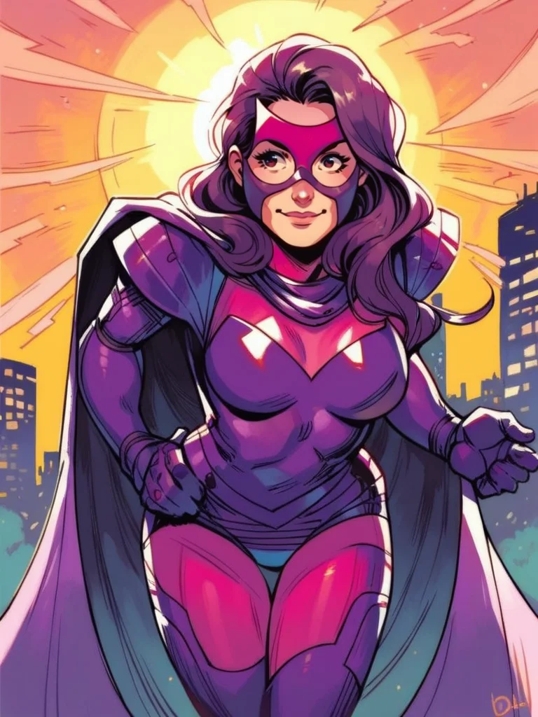 score_9, score_8_up, score_7_up, 1girl, leaning forward, cute pose, cowboy shot, (dynamic pose:1.1), dynamic angle, light smile, hands on hips, city, sunlight,
<lora:BetsyBraddock80s_Character:1>BraddockClassic, mask, purple hair, long hair, cape, bodysuit, gloves, armor,