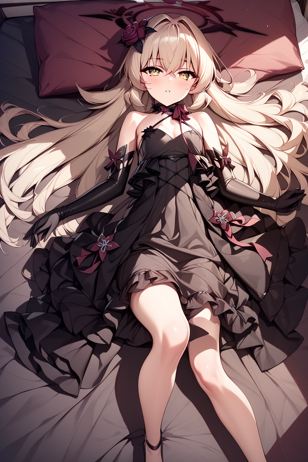 eve_meitner, 1girl, long hair, gloves, solo, elbow gloves, dress, blonde hair, yellow eyes, halo, lying, black gloves, looking at viewer, lying on bed, on bed, pov, from above,  <lora:XL-EveMeitnerv1.5:1>, (masterpiece),(best quality),(ultra-detailed),(best illustration),(best shadow),(absurdres),(detailed background),(very aesthetic),