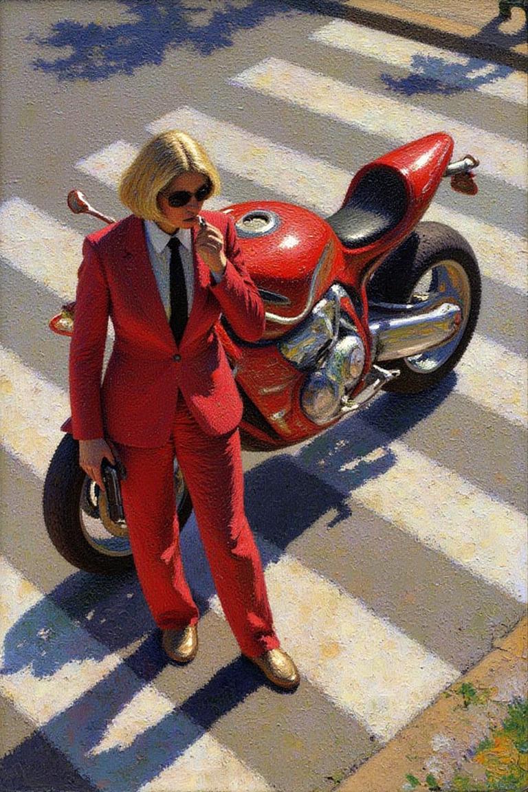henrimartin1 painting. 
Overhead shot of an Blonde woman walking away from a futuristic motorcycle parked at a zebra crossing. The woman has bob hair, is smoking. She wear a red business suit, white shirt, black tie, and sunglasses. She holds a gun with a confident grip. The motorcycle itself is red, sleek and metallic, with intricate designs and a futuristic vibe  <lora:henrimartin1_cap_d8a4e12:1.0><lora:852100574903061399:0>
