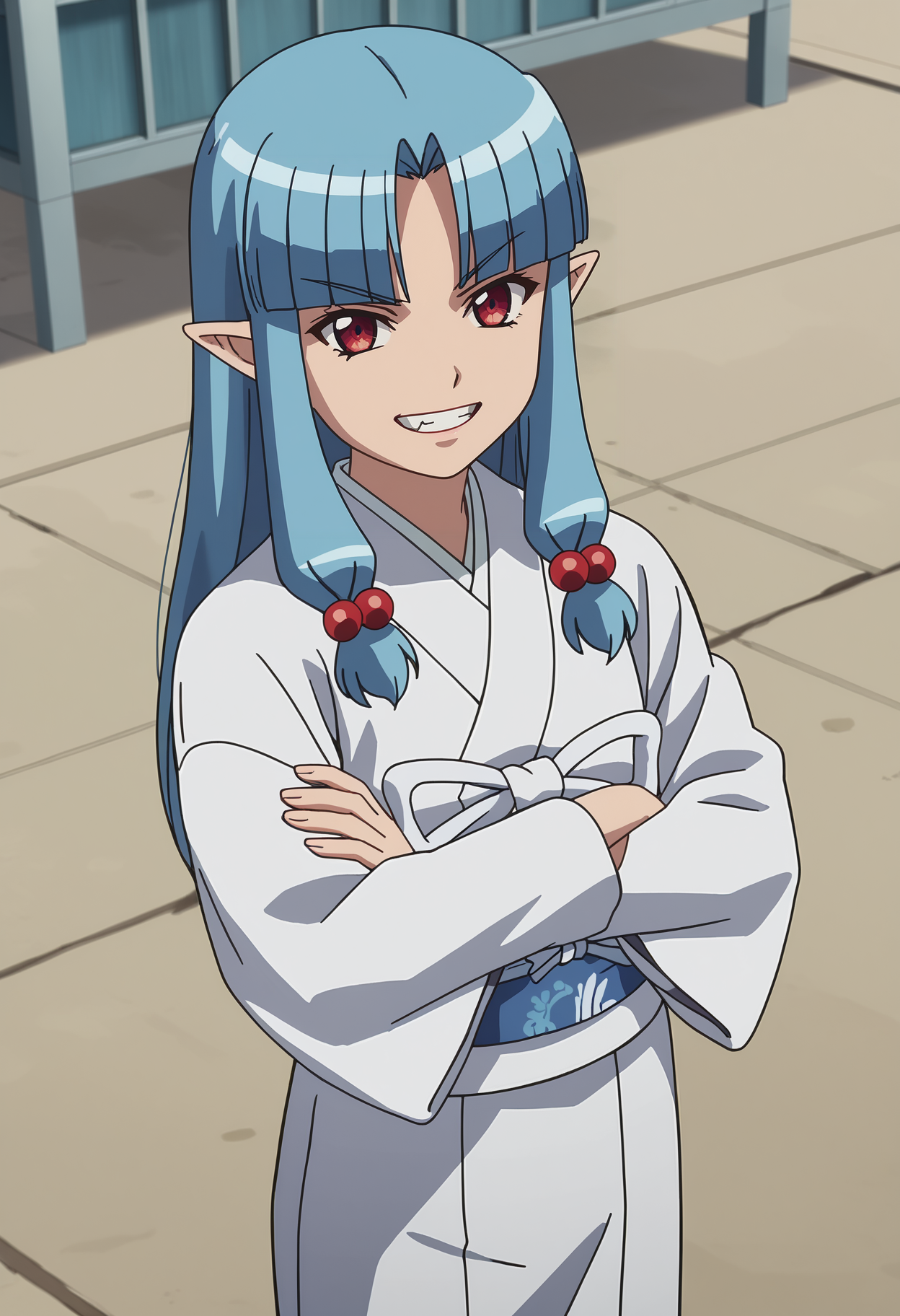 score_7_up, anime screencap,
<lora:Tsugumomo_KirihaXL:0.9>,
1girl, solo, grin, teeth,
long hair, blue hair, red eyes, parted bangs, blunt bangs, pointy ears, hair beads,
KirihaKimono, white kimono, long sleeves, blue sash, white ribbon,
standing, looking at viewer, crossed arms, from angle,
blurry background, outdoors, school building