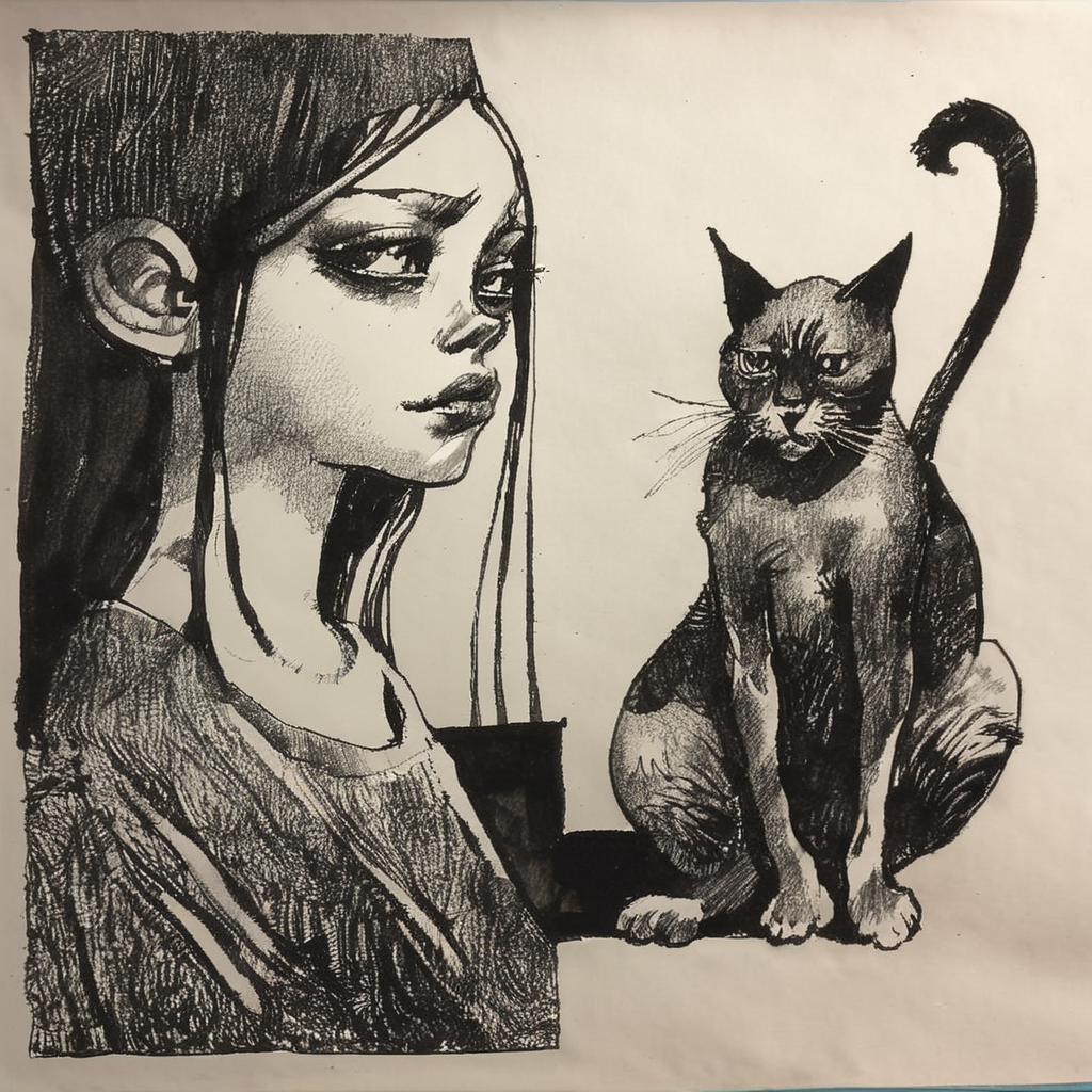 drawix20 girl and cat, very detailed, black ink <lora:drawix20:1>