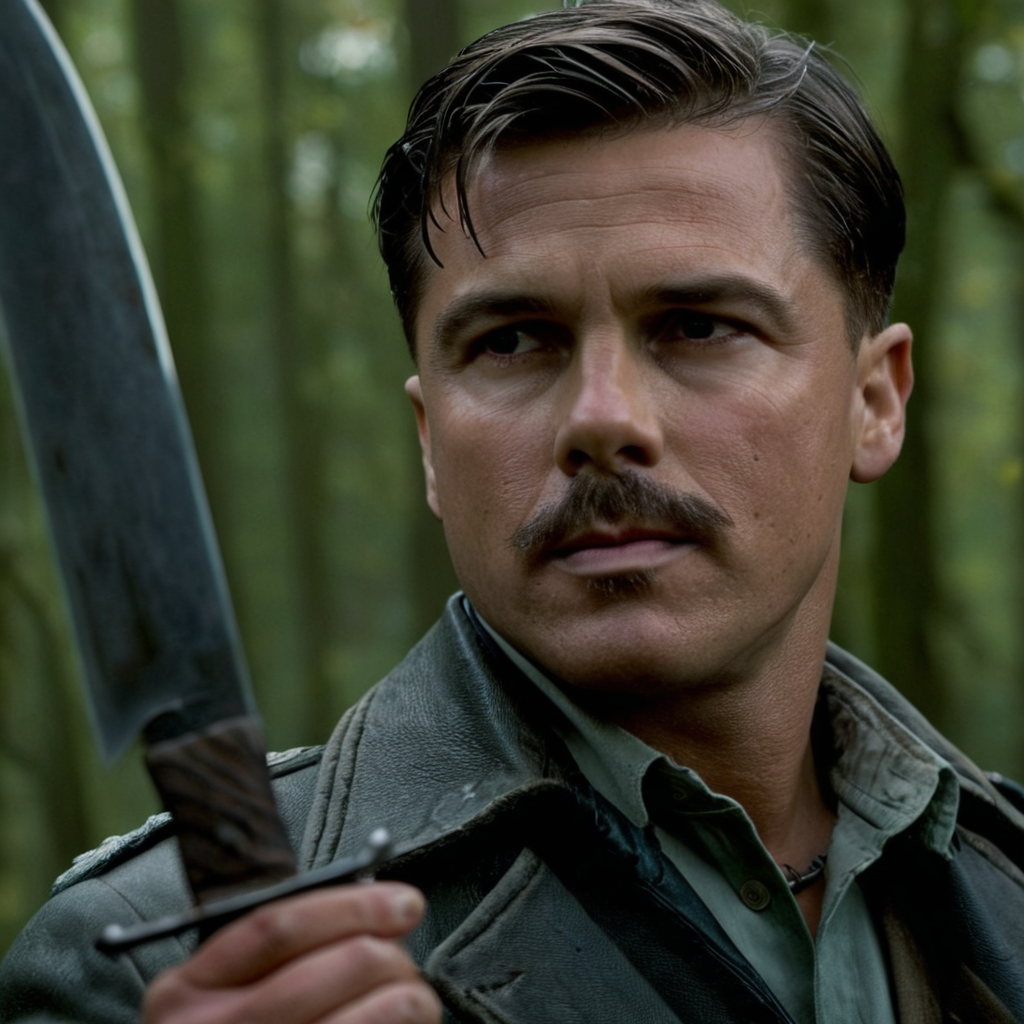 cinematic film still of <lora:detailed:0.2> 
<lora:perfection style:0.2>
<lora:Ron Fricke style:0.1>
 <lora:Inglourious Basterds film style:1>
Lt. Aldo Raine a man holding an epic knife in his hand,solo,looking at viewer,short hair,black hair,long sleeves,1boy,holding,jewelry,jacket,upper body,weapon,male focus,sky,belt,necklace,holding weapon,facial hair,knife,holding knife,dagger , 1940's, Inglourious Basterds film style, from below, low angle, Battledress, shallow depth of field, vignette, highly detailed, high budget, bokeh, cinemascope, moody, epic, gorgeous, film grain, grainy