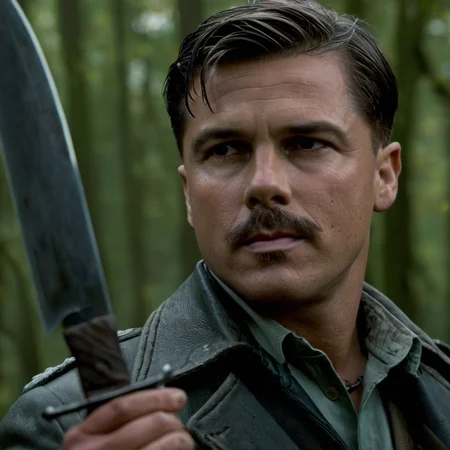 cinematic film still of <lora:detailed:0.2>
<lora:perfection style:0.2>
<lora:Ron Fricke style:0.1>
<lora:Inglourious Basterds film style:1>
Lt. Aldo Raine a man holding an epic knife in his hand,solo,looking at viewer,short hair,black hair,long sleeves,1boy,holding,jewelry,jacket,upper body,weapon,male focus,sky,belt,necklace,holding weapon,facial hair,knife,holding knife,dagger , 1940's, Inglourious Basterds film style, from below, low angle, Battledress, shallow depth of field, vignette, highly detailed, high budget, bokeh, cinemascope, moody, epic, gorgeous, film grain, grainy