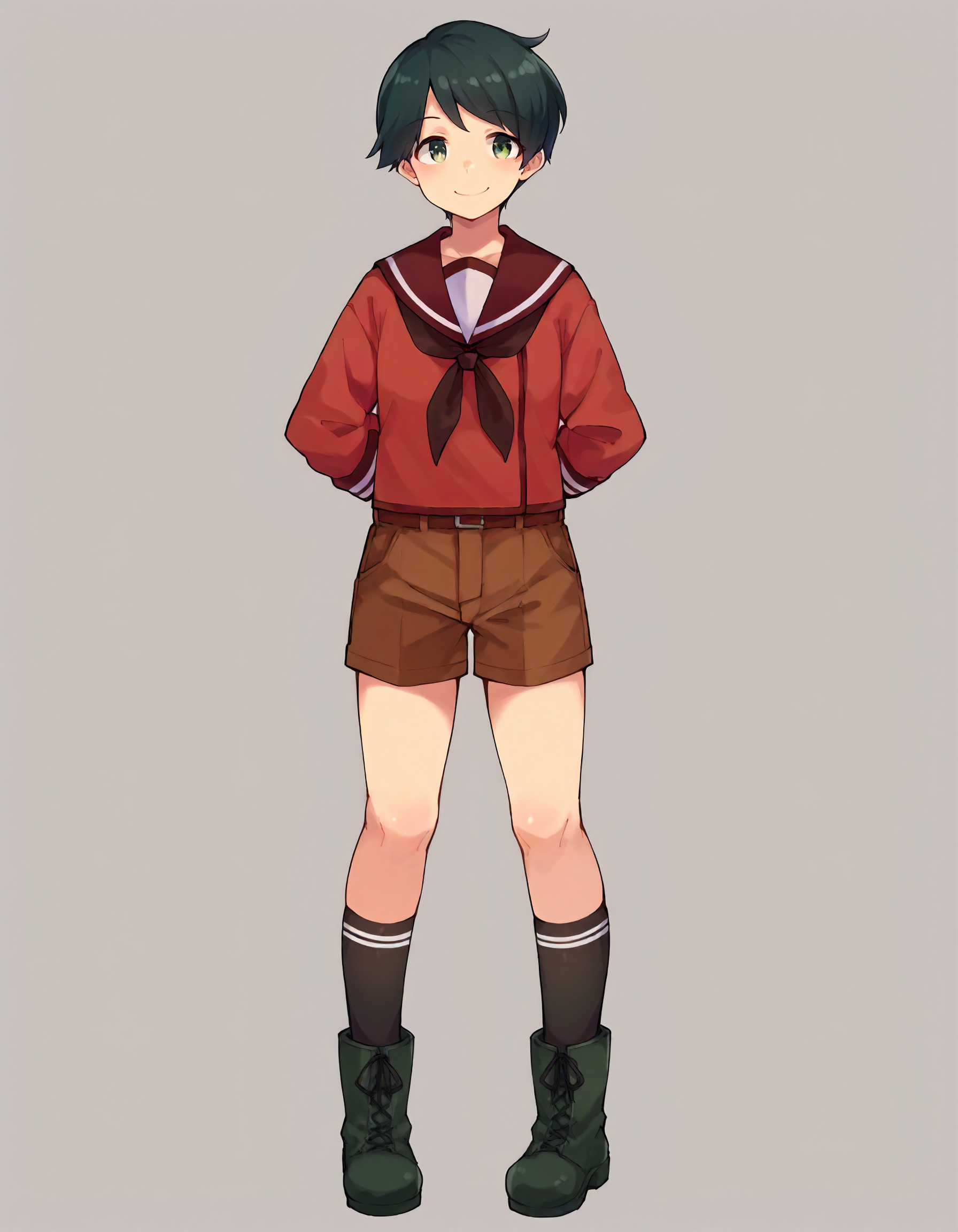 score_9,score_8_up,score_7_up,1girl,solo,full body,standing,looking at viewer,smile,closed mouth,front view,
<lora:kcmogami_ponyXLV6:0.8>,kcmogami,black hair,short hair,swept bangs,green eyes,
red serafuku,brown neckerchief,brown sailor collar,brown shorts,black socks,lace-up boots,
simple background