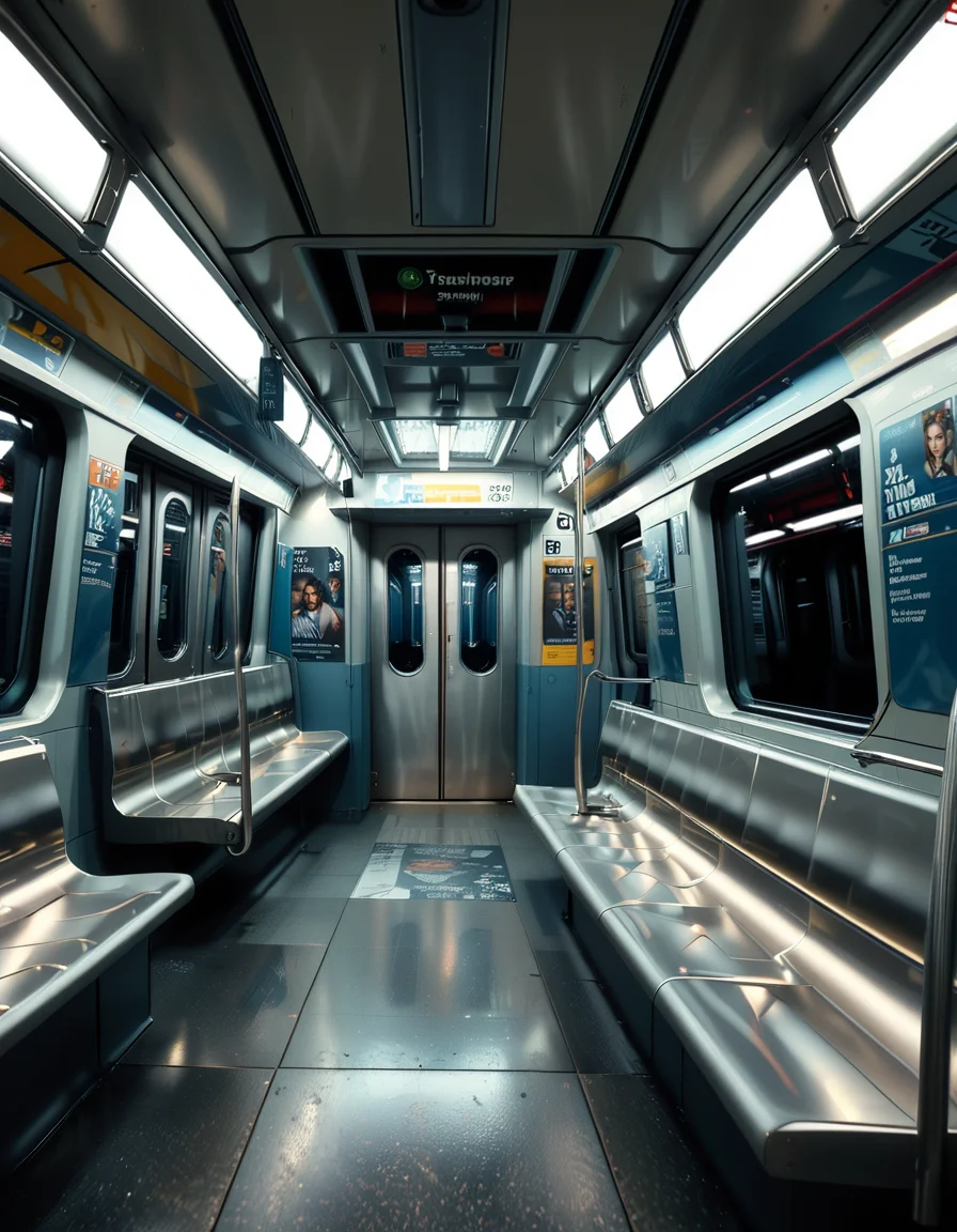 A quiet moment inside a modern subway train,Subw4y tr41n:, with a single woman sitting on a worn yet clean seat. The woman is positioned in the middle of the train car, gazing thoughtfully out of the window as the city lights streak by in a blur. She has a calm yet introspective expression, her posture slightly slouched as if lost in her thoughts. She is dressed in casual attire: a long beige trench coat draped over her shoulders, a soft knit scarf, and comfortable jeans. Her hair is slightly messy, as though tousled by the wind, and she holds a small, well-worn leather handbag on her lap.
The subway car itself is clean but shows signs of wear, with muted blue and gray seats, scuffed metal poles, and advertisements in frames lining the walls above the windows. Some of the ads are slightly peeling, and they showcase a mix of local businesses and city announcements. The overhead lighting is fluorescent and slightly harsh, casting soft reflections on the polished, slightly scratched floors.
The windows of the subway reflect faint glimpses of the woman and the interior of the train, while revealing the city outsideâa mix of blurred lights, urban graffiti, and the occasional dark tunnel as the train moves through the underground. The walls of the subway tunnel outside are textured with concrete and sporadic markings, adding depth and realism to the scene.
The train is mostly empty, with a few other empty seats scattered throughout the car. Subtle details, like a faint coffee cup stain on one of the seats and a discarded newspaper on the floor, give the environment a lived-in feel. The atmosphere is serene and slightly melancholic, with the hum of the moving train and the rhythmic clacking of wheels on tracks contributing to the overall sense of quiet reflection.<lora:SDXLFaeTastic2400:0.4> <lora:extremely_detailed:0.4> extremely detailed, <lora:Subw4y_tr41n:1>, Masterpiece,best quality,hi res,8k,hi res,8k,award winning,(sharp focus, intricate, highly detailed),