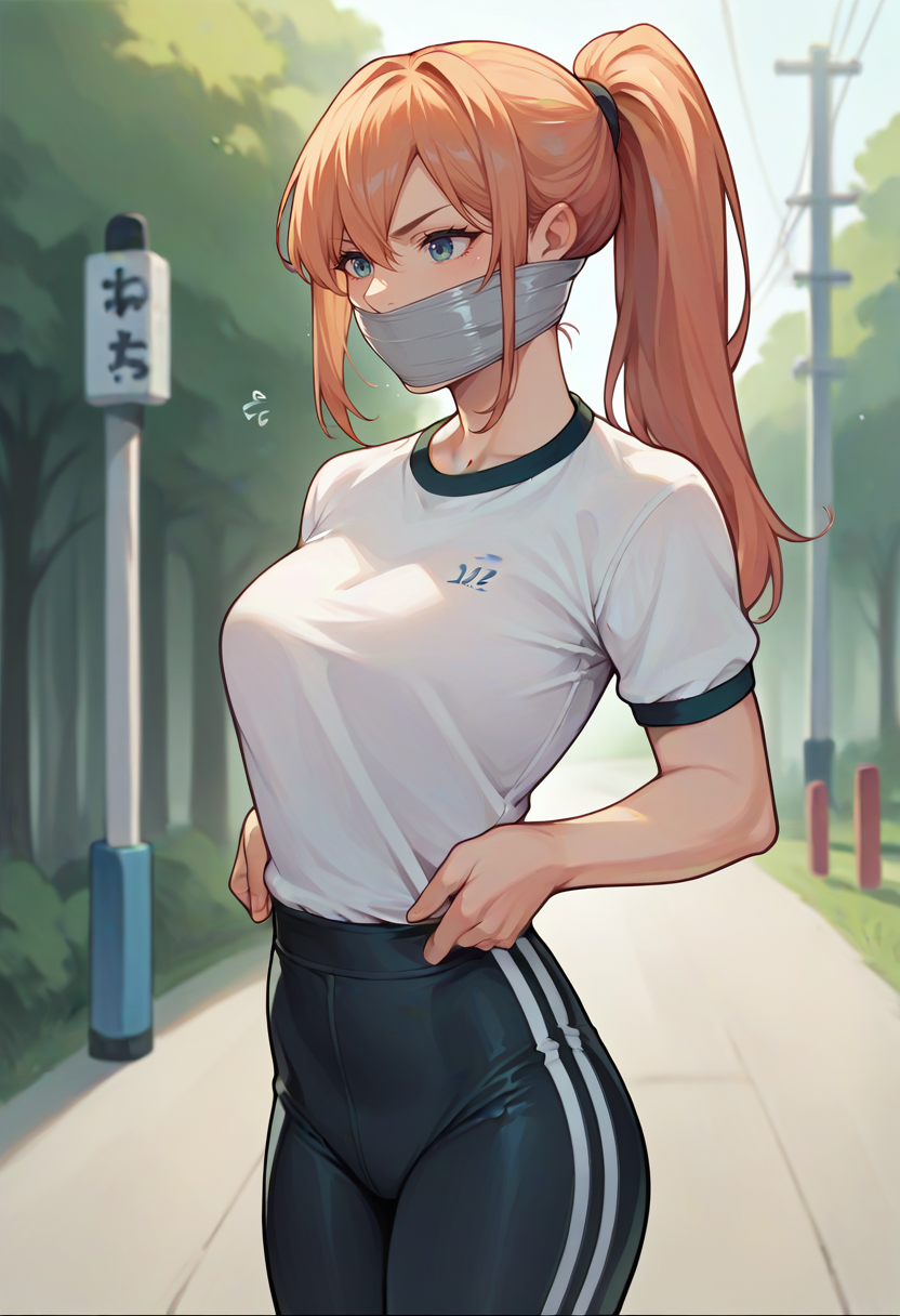 score_9,score_8_up,score_7_up,score_6_up,score_5_up,score_4_up,
1girl, long hair, ponytail, gym shirt, leggings,
solo, cowboy shot, outdoors,
tape gag,
<lora:wrapgagponyxl10:1>