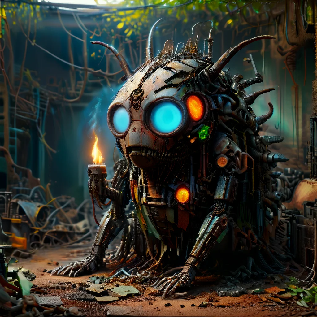 4k, extremely detailed wide view of amazing scene, Nymph,Chameleon, Photo realistic caricature of a transparent glass cup containing an old hermit sitting cross-legged while emitting smoke and fire from his ears,the hermit looks very mini,and the glass is in an old cave in the forest, ((3D scrap metal androids fused with blue glowing neon)), ((3D modeling)), ((dimensional design)), ((3D rendering)), in ((3D highly detailed cyber)) with ((3D environment)), ((dimensional space)), ((rendered in stylized style)), ((using hard surface modeling technique)), ((3D quality)), ((dimensional artistry)), ((professional 3D)), with ((3D caustics effects)), ((dimensional key lighting)), ((3D finish)), ((render quality)), (HD, masterpiece, best quality, hyper detailed, ultra detailed, super realistic),amazing, evi@decrepPunk, ais-scrapyrd, scrapbuiltai, add-detail-xl, Rusted, rusted landscape<lora:sdxl\rust\concept_worldmorph_decrepPunk_SDXL_v1-evi@decrepPunk.safetensors:1.31:1.31> <lora:sdxl\rust\Scrapyard_Style_SDXL.safetensors:0.8300000000000001:0.8300000000000001> <lora:sdxl\rust\ScrapBuiltAIp.safetensors:1.28:1.28> <lora:sdxl\enhancment\add-detail-xl.safetensors:1.0:1.0> <lora:sdxl\rust\Rusted_landscape_SDXL.safetensors:0.8300000000000001:0.8300000000000001>