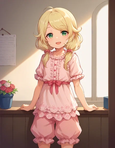 score_9,score_8_up,score_7_up,1girl,solo,cowboy shot,looking at viewer,smile,open mouth,arms at sides,indoors,
<lora:yusakozue_ponyXLV6:0.8>,cgykz,blonde hair,low twintails,green eyes,
pink frilled shirt,short sleeves,red bloomers