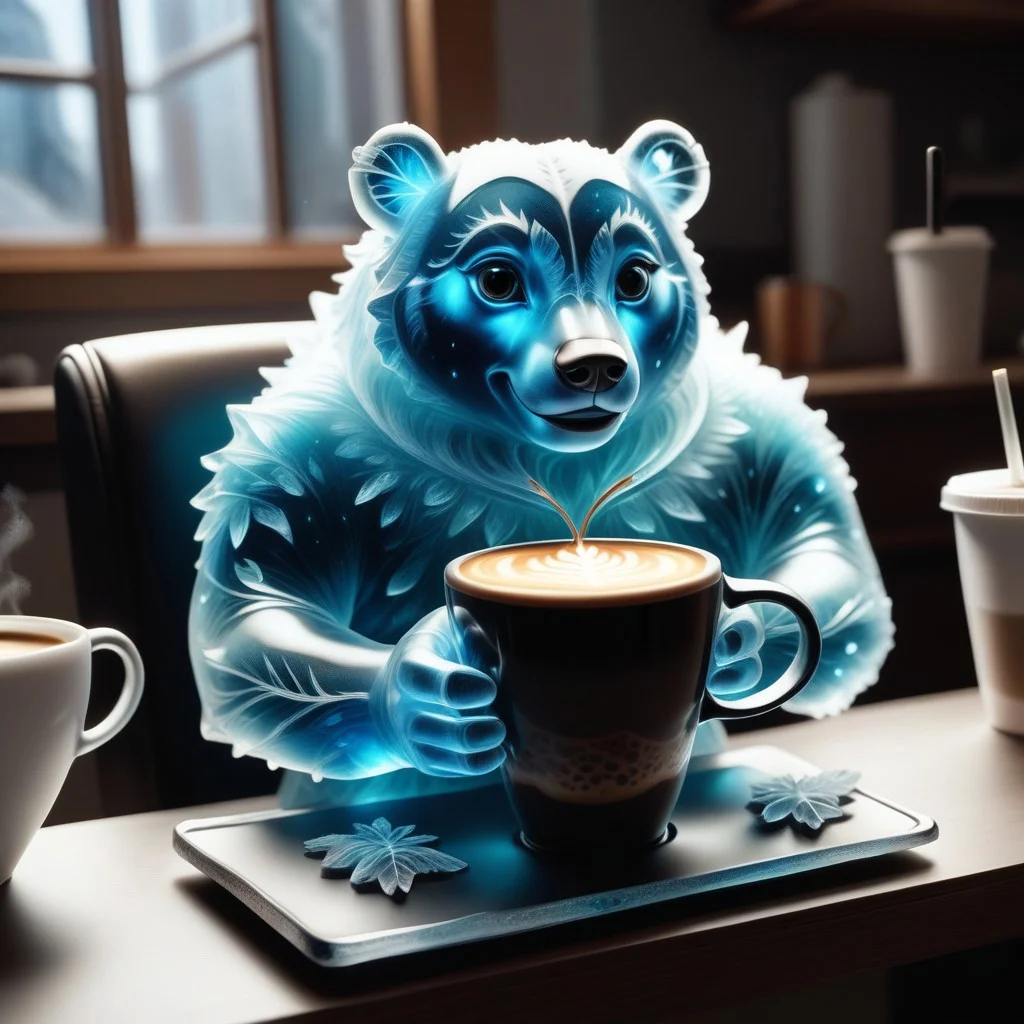 score_9, score_8_up, score_7_up, score_6_up, score_5_up, score_4_up, a little polar bear made out of Jed-Blmicry sitting inside on chair made out of Jed-Blmicry, holding a cup of coffee, smiling   , bioluminiscence,  <lora:BioIceCrystalsPONY-000004:1>