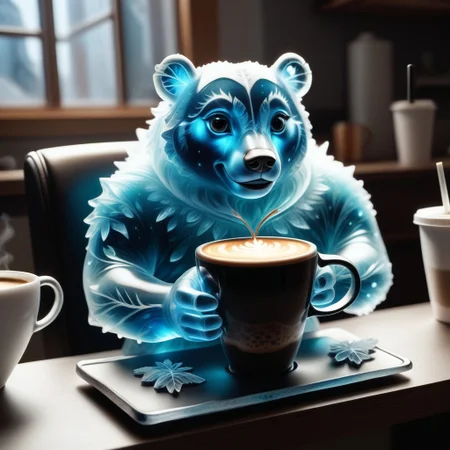 score_9, score_8_up, score_7_up, score_6_up, score_5_up, score_4_up, a little polar bear made out of Jed-Blmicry sitting inside on chair made out of Jed-Blmicry, holding a cup of coffee, smiling , bioluminiscence, <lora:BioIceCrystalsPONY-000004:1>