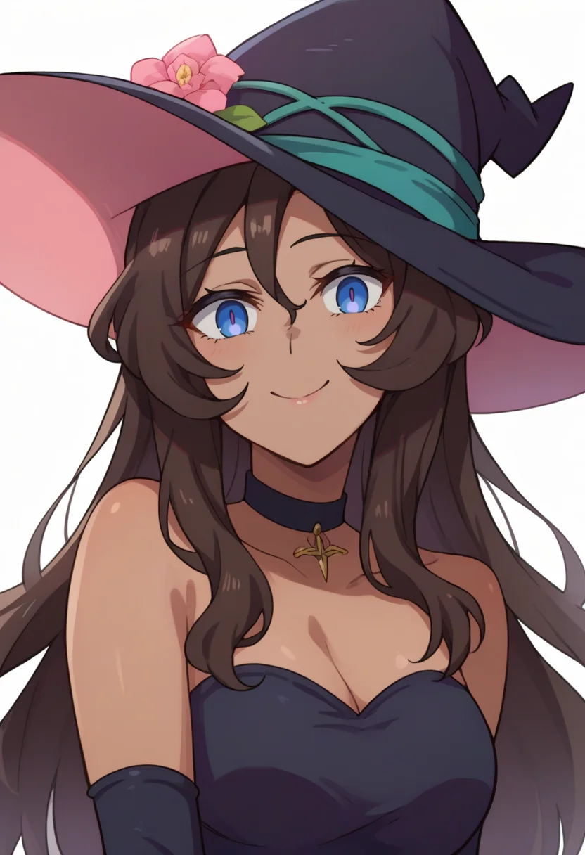 score_9, score_8_up, score_7_up, source_anime, <lora:wrenchdmnojviolaxl:1>, dmnojviola, witch hat, choker, bridal gauntlets, white background, light smile, head tilt,