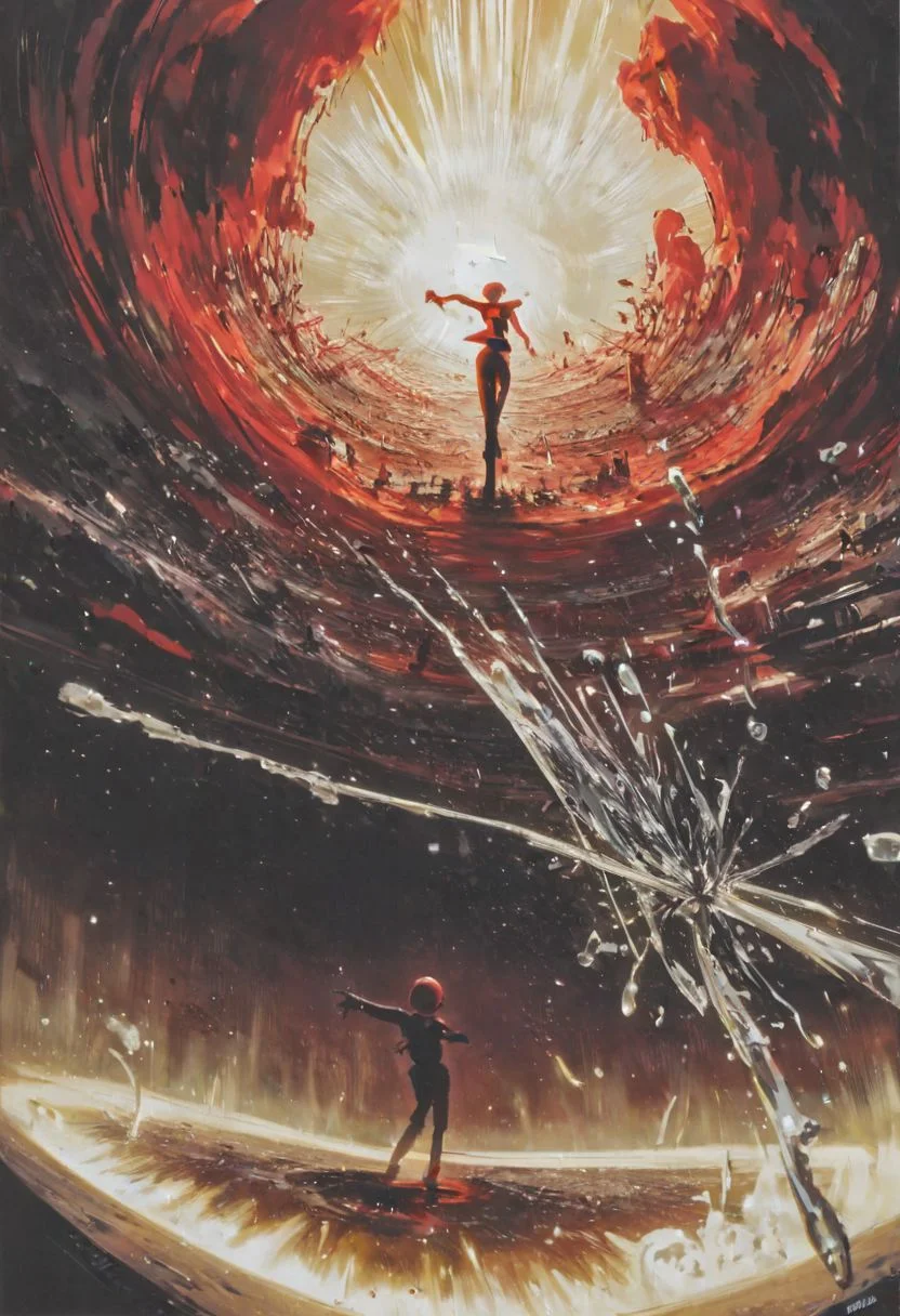 amazing quality, masterpiece, best quality, hyper detailed, ultra detailed, perfect anatomy, woman dancing in the black hole, splashing, ripples, on black canvas in the style of guillem h, pongiluppi, abigail larson, ominous landscapes, john sloane, black, light gray and red, energy-filled illustrations