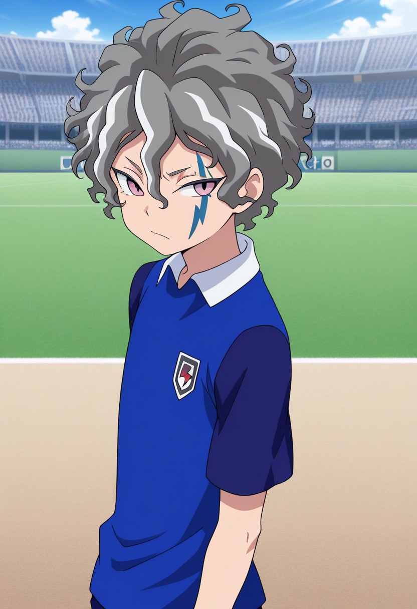 masterpiece,best quality,amazing quality, source_anime,
KiraHiroto, 1boy, male focus, solo, pink eyes, grey hair, facial tattoo, orion soccer uniform, shirt, blue shirt, raglan sleeves, short sleeves,
outdoor,