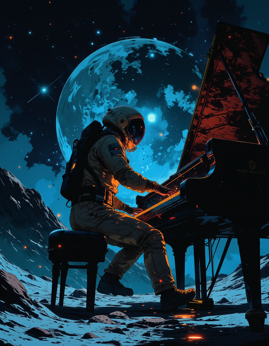 detailed digital illustration of an astronaut in a spacesuit playing a grand piano on the moon's surface. The Earth is prominently featured in the background, glowing with a blue light. The scene is set at night with a starry sky. The astronaut is seated on a piano bench, with the piano keys softly glowing. The camera angle is from the side, showing the astronaut's profile and the entire piano. The lighting is soft, with a blue tint highlighting the astronaut and the piano, highly detailed, vibrant colors, glowing effects, neon, <lora:Luminous_Shadowscape:0.8>, <lora:VividlySurreal:0.6>, <lora:NeonFantasyPrimeFLUX:0.6>