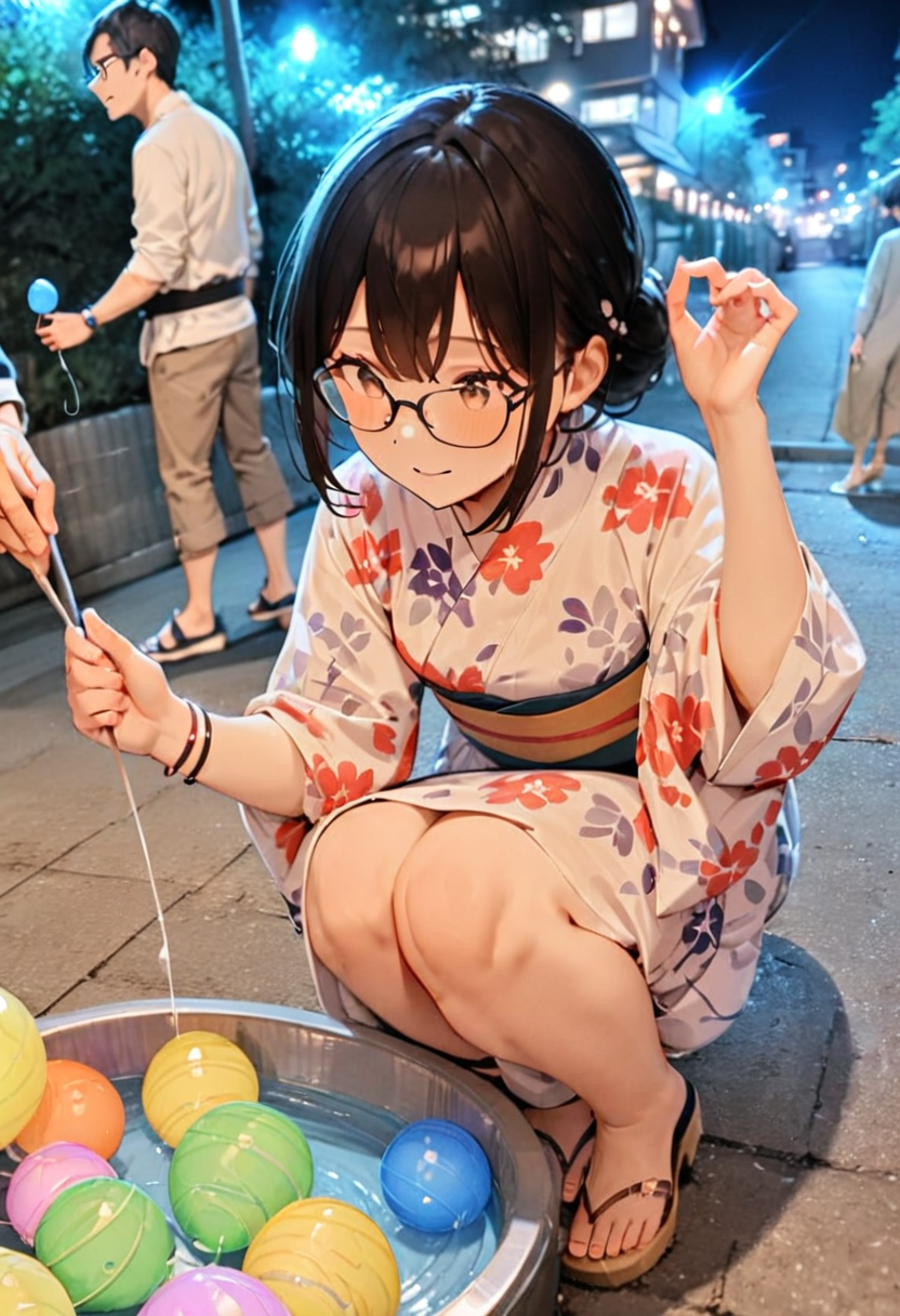 masterpiece, best quality, very aesthetic, absurdres,
mizufusen, 1girl, glasses, yukata, 1boy, night, squatting, outdoors, black hair, bracelet, long sleeves, floral print, water balloon fishing
 <lora:mizufusen_SDXL_V1:0.8>