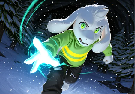 (impressionist painting:1.3), 1boy, <lora:AsrielIllustriousNAI-000030:0.8> Asriel Dreemurr, undertale, caprine, cub, young, pants, torn clothes, nipple
snowing, inside a dark blue cave, surrounded by pine trees, indigo glowing flowers in floor, dark background BREAK
full portrait, running towards camera, motion lines, fisheye lens, action pose, angry, dutch angle, glowing green eyes, slit pupils, (glowing outline), linear light, magic particles in hand, (chromatic aberration:1.2), CGI, 3D, HDR, IMAX, particles, cinematic shadows, cinematic light, (ambient occlusion, raytracing, film-style contrast, chromatic aberration, depth of field), detailed background, <lora:spo_sdxl_10ep_4k-data_lora_webui:1> perfect quality, best quality, detailed environment, clear composition, absurdres, very aesthetic, high resolution, newest (masterwork, masterpiece, hyper-detailed, 8k uhd), BREAK
(SuperQuality:1.0) ~ (SuperQuality:1.2)âââ