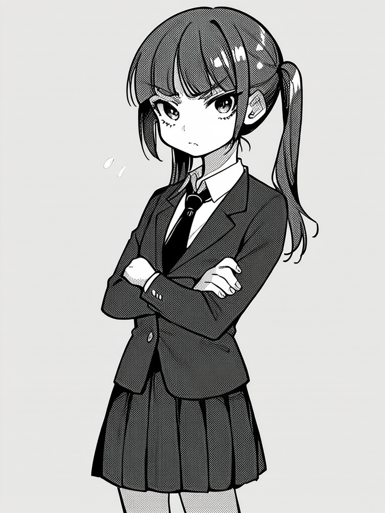 score_9, score_8_up, score_7_up,  
1girl, monochrome, nishihara madoka, grey hair, twintails, flat chest,

blazer, necktie, pleated skirt, school uniform, standing, frown, crossed arms, looking at viewer,  