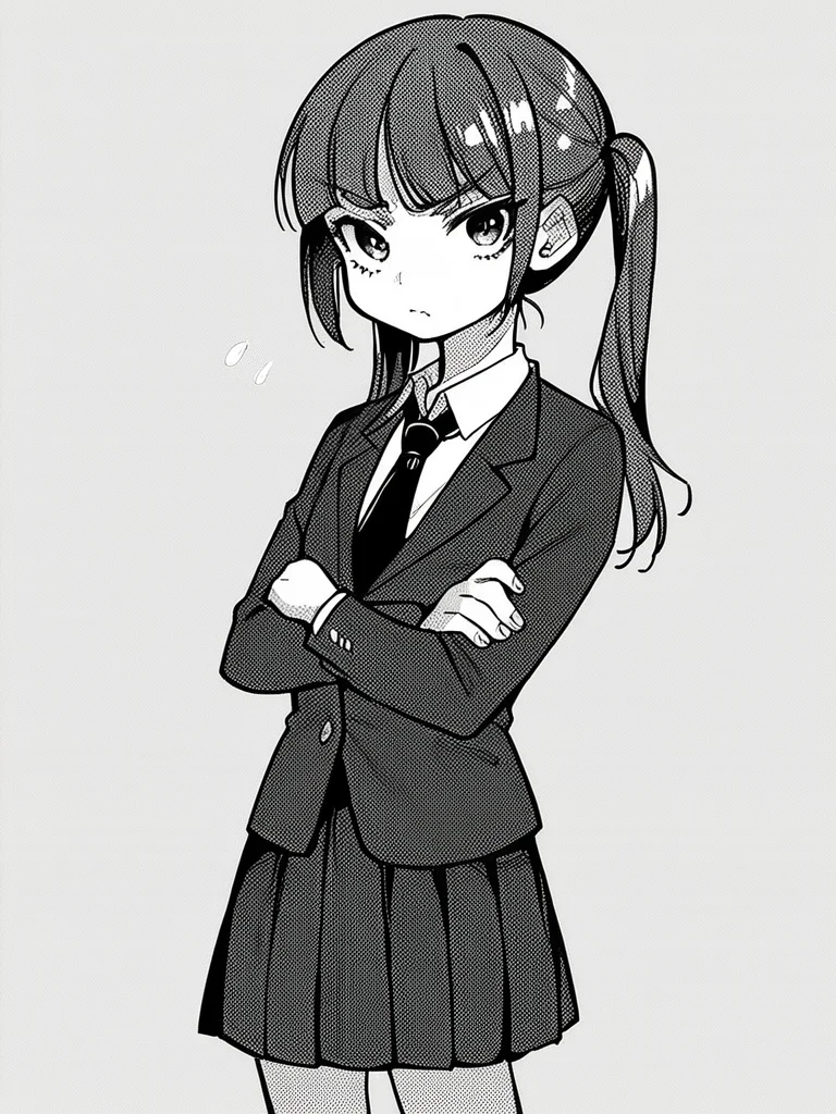 score_9, score_8_up, score_7_up,
1girl, monochrome, nishihara madoka, grey hair, twintails, flat chest,
blazer, necktie, pleated skirt, school uniform, standing, frown, crossed arms, looking at viewer,
