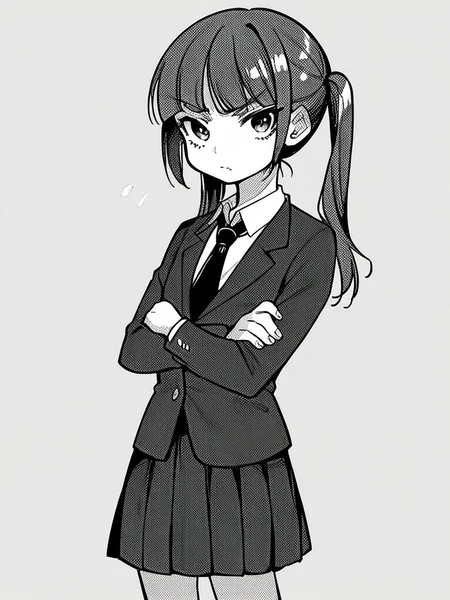 score_9, score_8_up, score_7_up,
1girl, monochrome, nishihara madoka, grey hair, twintails, flat chest,
blazer, necktie, pleated skirt, school uniform, standing, frown, crossed arms, looking at viewer,